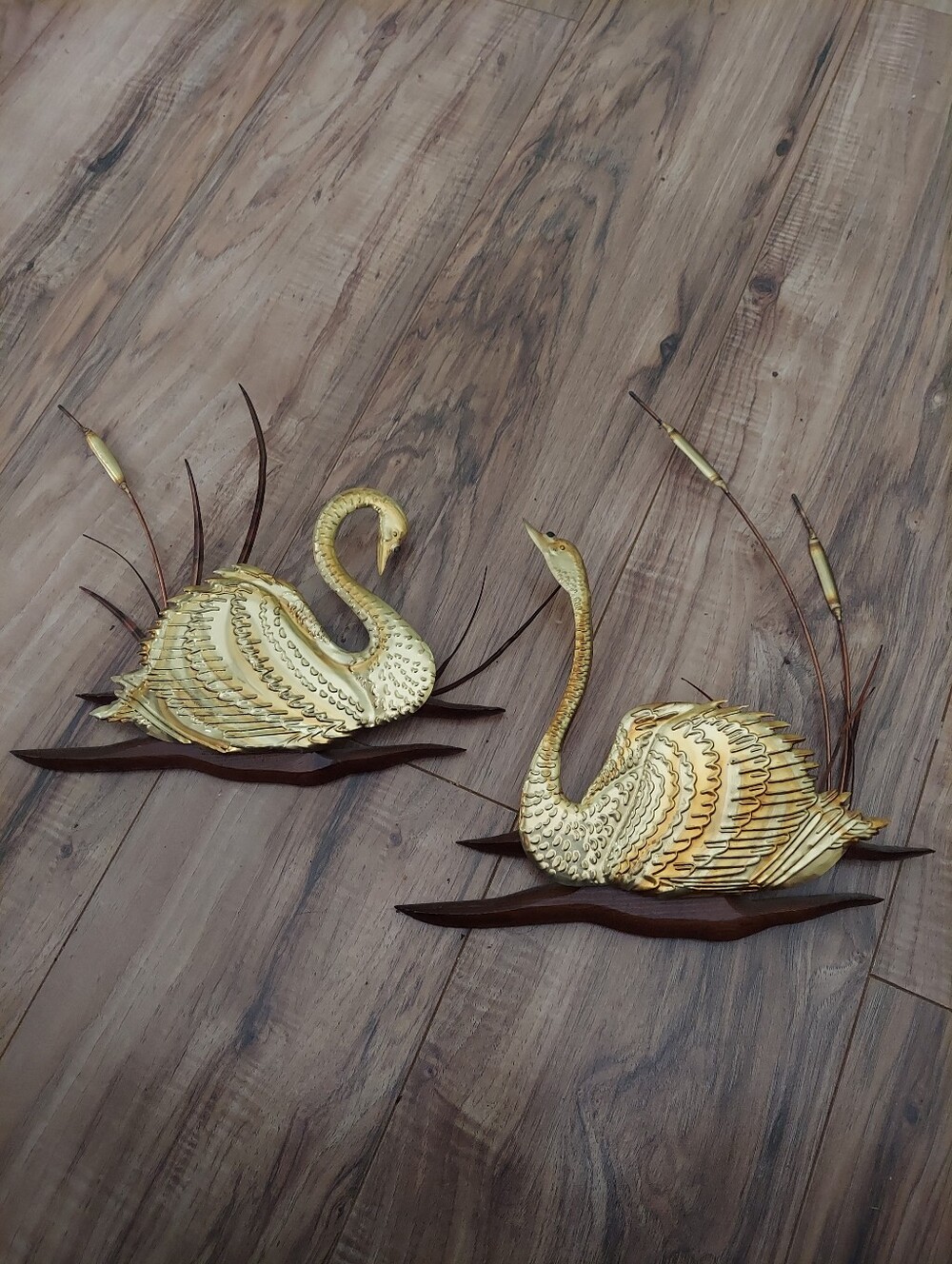 MCM Vintage Pair Brass Tin Swans & Cattails/Grasses Wall Hanging with Wood Base